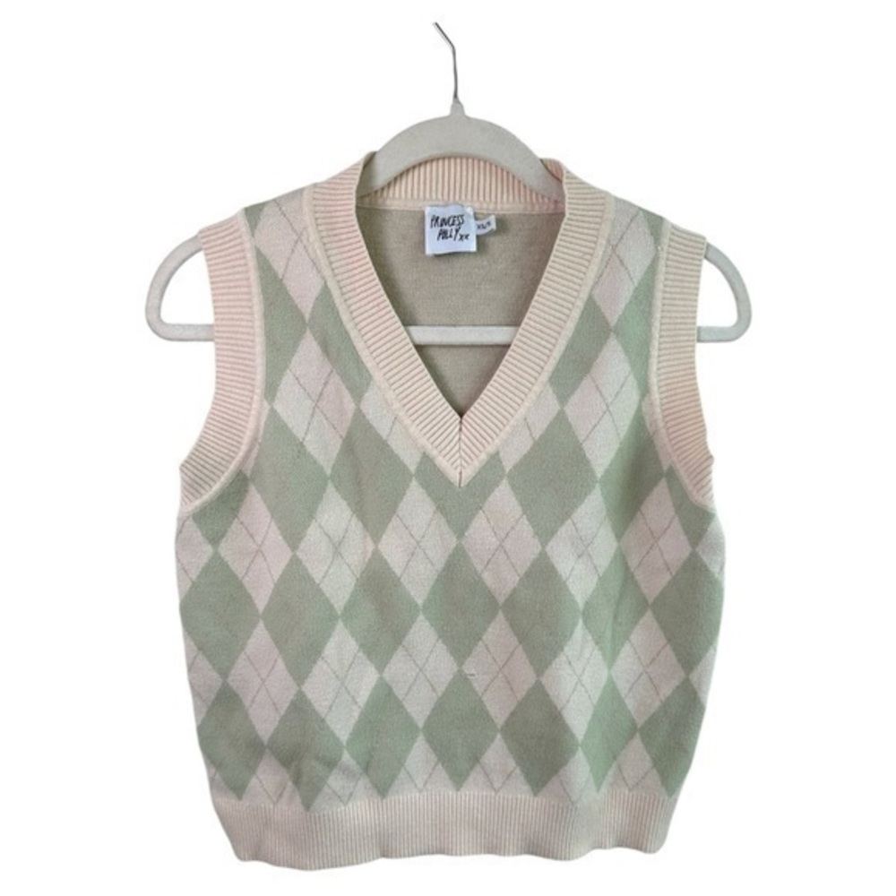 Princess Polly Sweater Womens XS Vest Argyle Light Green Prep School Clueless